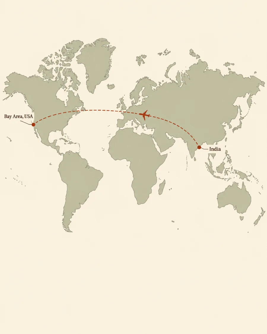 Illustrated flight route from India to the Bay Area